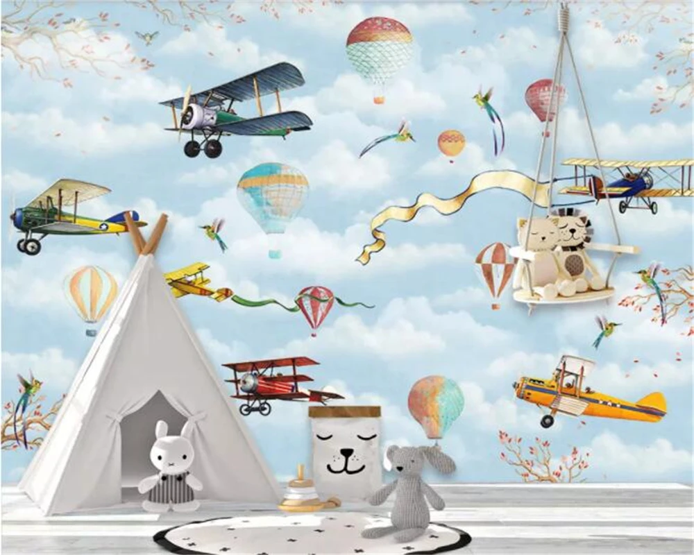 

beibehang Customize wallpaper photo personality Hot air balloon plane blue sky white clouds children's wall decorative wallpaper