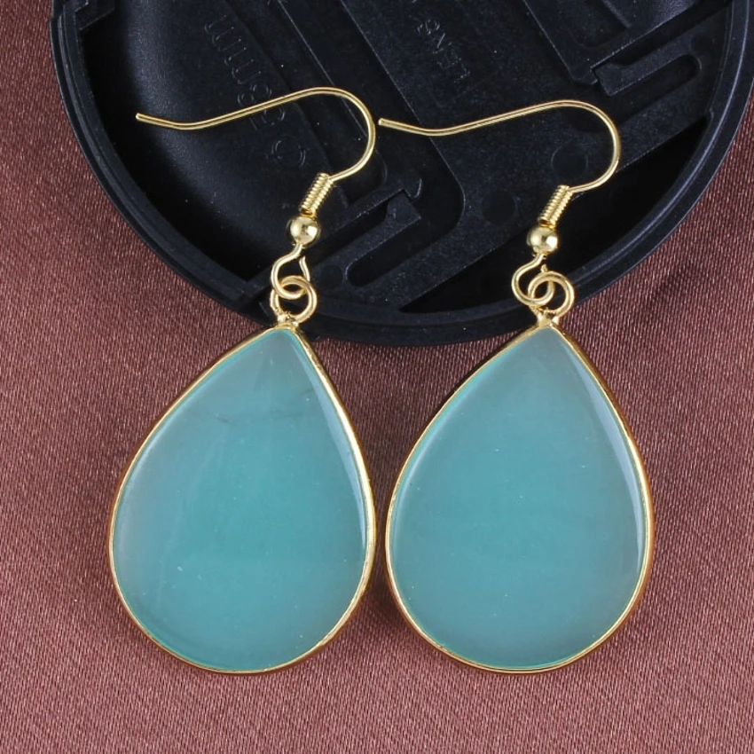 

100-Unique 1 Pair Light Yellow Gold Color Natural Green Aventurine Water Drop Earrings Elegant Women's Earring 35X23 mm