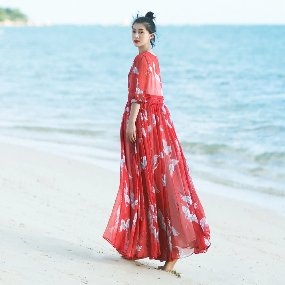 Винтажное длинное пляжное платье макси с полурукавами и принтом журавлей|print dress|a