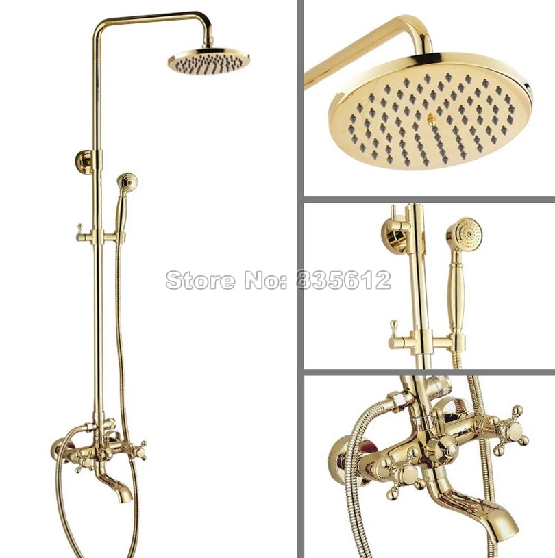

Gold Color Brass Rain Shower Faucet Set W/Bathroom Wall Mounted Dual Cross Handles Bathtub Mixer Tap with Handheld Shower Wgf384