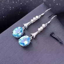 Природный Голубой топаз Камень Висячие серьги 925 серебро натуральный драгоценный камень серьги женские классические элегантные Висячие серьги для вечерние