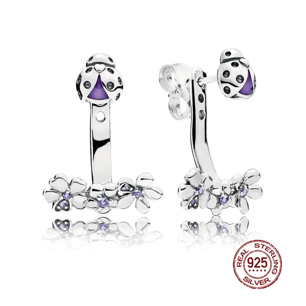 

New 100% 925 Sterling Silver Ladybug Meadow Earrings Purple Enamel & CZ Fit Original European Fashion Women Jewelry Gift