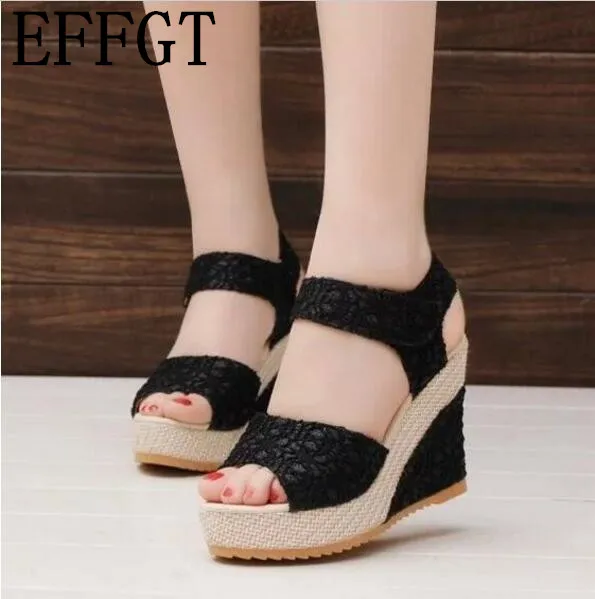 

EFFGT Women Sandals 2019 Summer New Open Toe Fish Head Fashion platform High Heels Wedge Sandals female shoes women shoes