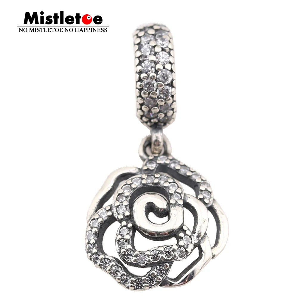 

Authentic 925 Sterling Silver Rose silver dangle with cubic zirconia Dangle Charm Fit European Bracelets Jewelry