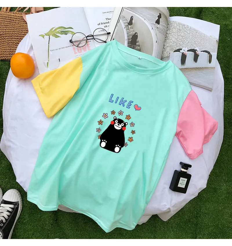 T Shirt Women Summer Casual Cute Kumamon Print Tshirt Harajuku Kawaii Cartoon Tops Loose Colorblock Patchwork Streetwear Clothes (1)