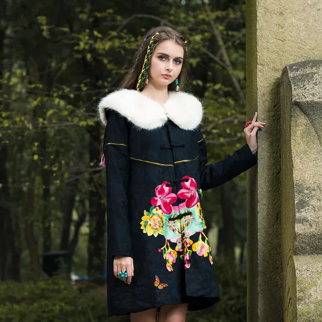 Cheap [AIGYPTOS-LZ]Winter Women Vintage Embroidery National Trend Fox Fur Collar Plate Buttons Medium-Long Wadded Jacket Cotton-Padded