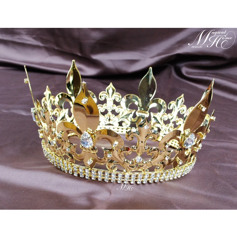 Король США имперский средневековый Большой Кристалл короны и диадемы полный Rould золото диадема для мужчин карнавальные вечерние костюмы ювелирные изделия для волос