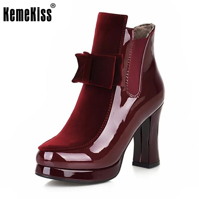 KemeKiss Size 34-43 Women Patent Leather High Heel Mid Calf Boots Platform Sexy Bowtie Warm Winter Boot Footwear Shoes P21332 : image KemeKiss Size 34-43 Women Patent Leather High Heel Mid Calf Boots Platform Sexy Bowtie Warm Winter Boot Footwear Shoes P21332