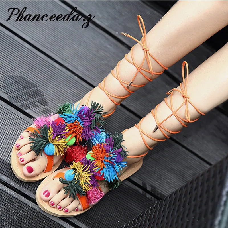 2017 Bohemian Up Open Toe Sandals Handmade Rome gladiator sandals Tassels Flats Fringed Fur Cross Strap