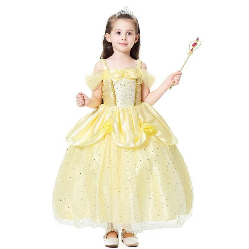 Нарядное нарядное платье принцессы для девочек; костюмы Белль с цветами и открытыми плечами; роскошное бальное платье; детское праздничное платье; vestido