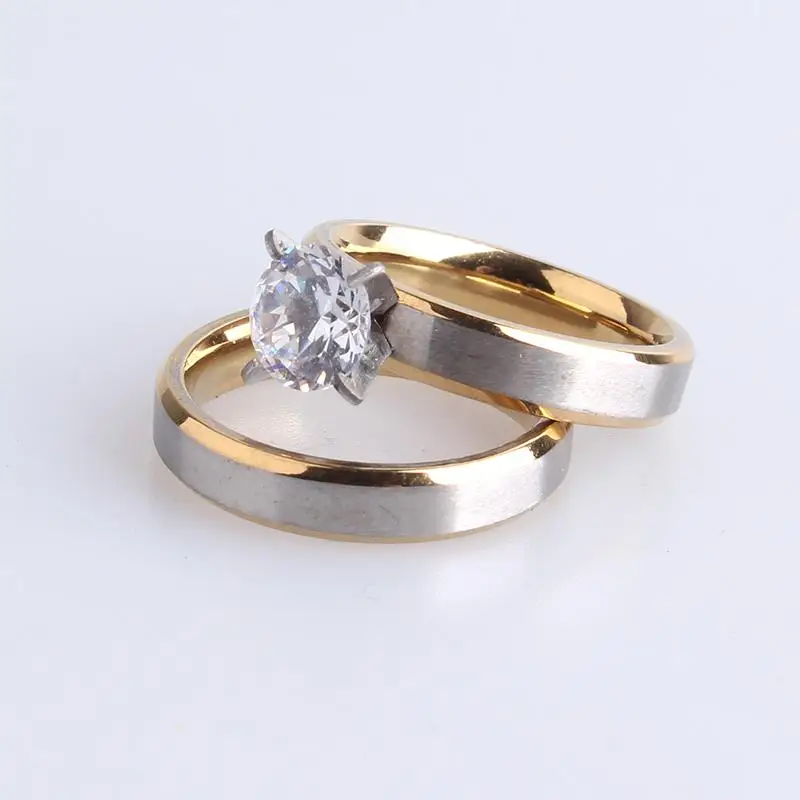 free shipping 4mm gold border Silver brushed Lovers Zircon 316L Stainless Steel wedding rings for women men wholesale