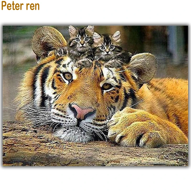 Peinture En Diamant Peter Ren Point De Croix Mosaique Rond Carre Tableau De Nombres Broderie Complete Avec Des Diamants Chat Sur Tete De Tigre Aliexpress