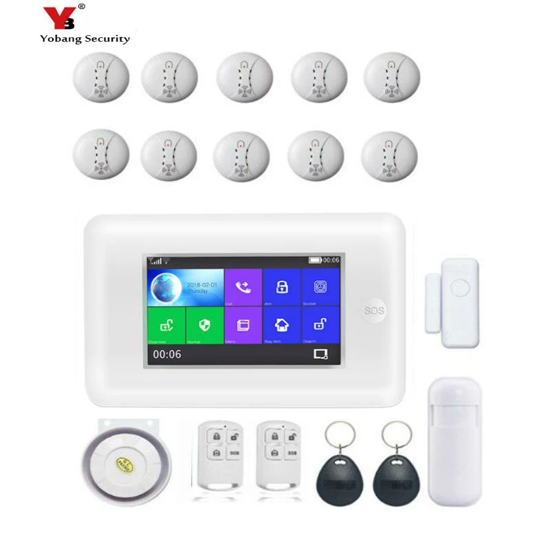 

Yobang Security 4.3inch Full Touch Screen Door Sensor Wireless Home DIY GSM System Smoke fire sensor detector APP remote Control