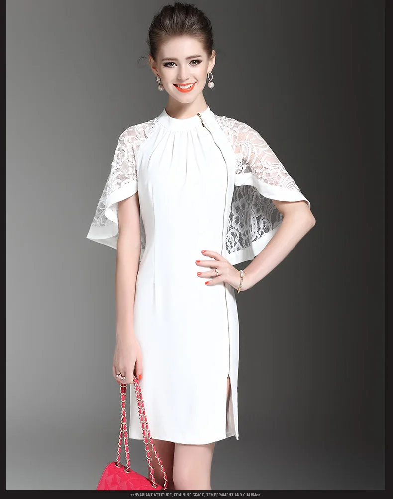 european fashion Zipper lace stitching women black white dress batwing