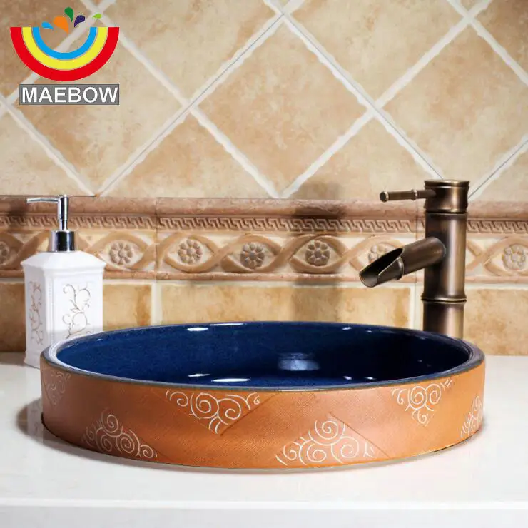 

Handmade Engraved Color Glaze Lavobo Wash Basin Semi-Counter Bathroom Sink