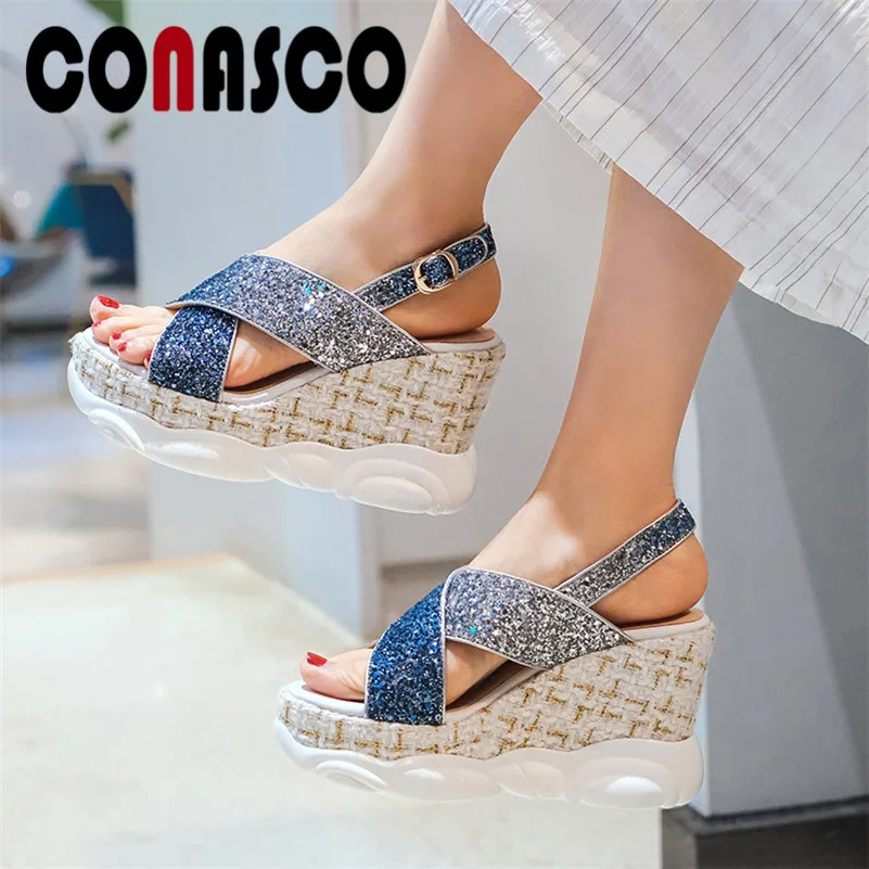 

CONASCO Fashion Sweet Blingbling Women Sandals Round Toe Platforms Buckle 2019 Summer New Women Wedges Party Casual Shoes Woman