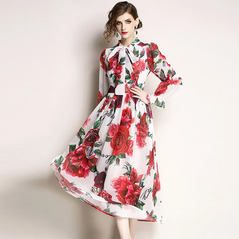 

fashion woman spring print chiffon dress bow neck female mid dress lady a-line party dress casual
