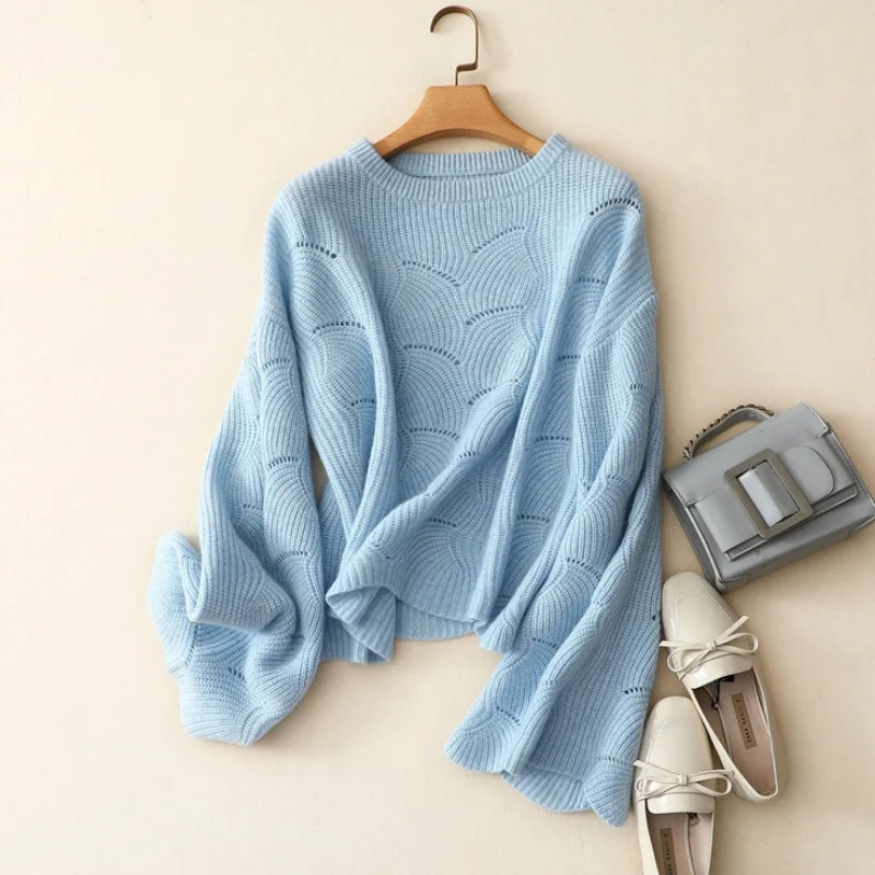 HIGH Quality Flare Sleeve Pullover Knitted Sweater Women Fashion Wool Cashmere Hollow Out Short Tops M/L | Женская одежда