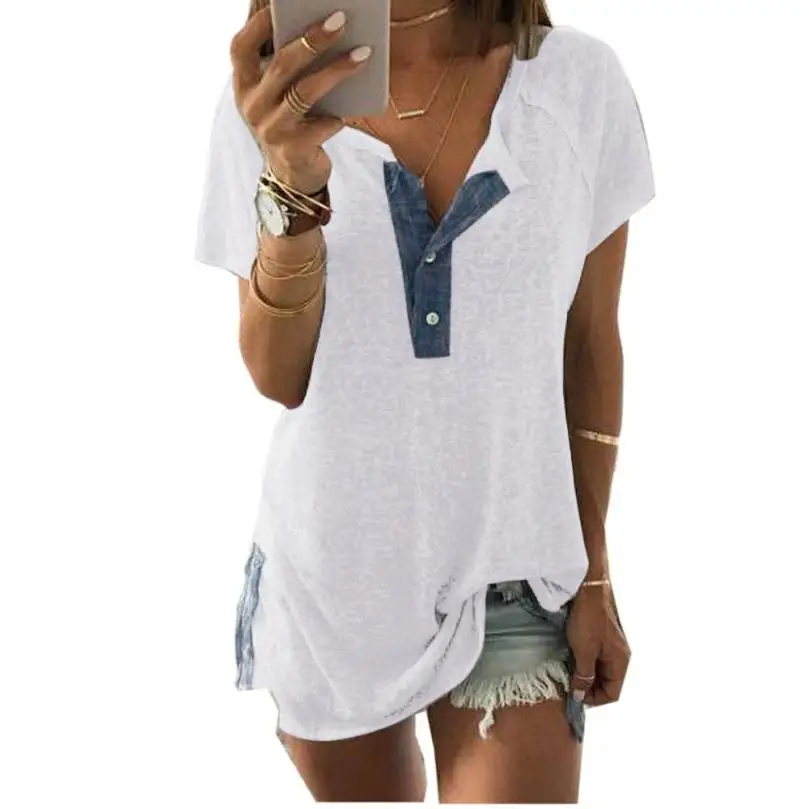 Fanbety летняя блузка рубашка Для женщин лоскутное Повседневное короткий рукав с круглым вырезом и пуговицами; тапочек со свободным верхом женские туники, блузки, топы размера плюс