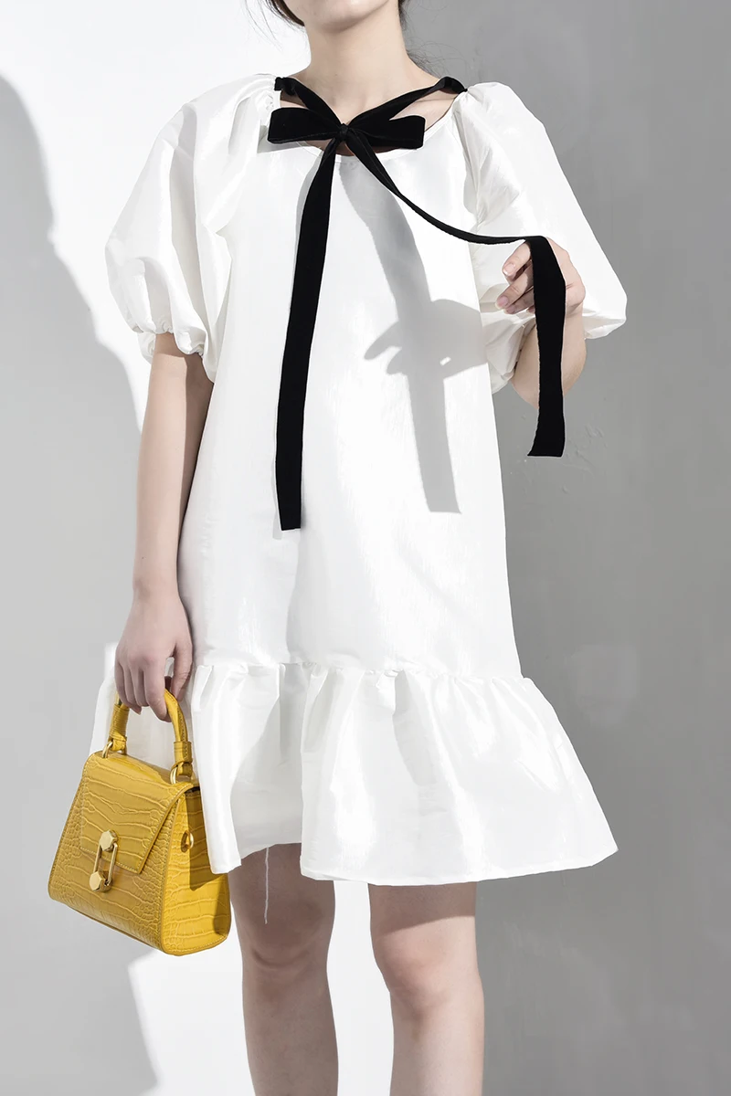 [EAM] New Spring Summer Round Neck Short Sleeve White Ruffles Hem Bandage Bow Big Size Dress Women Fashion Tide WD5070