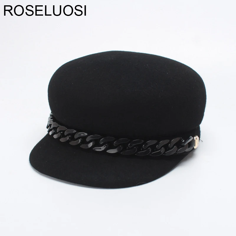 ROSELUOSI, женские модные кепки с цепочкой, Осень-зима, шерсть, фетровая шапка, Женская одноцветная шапка