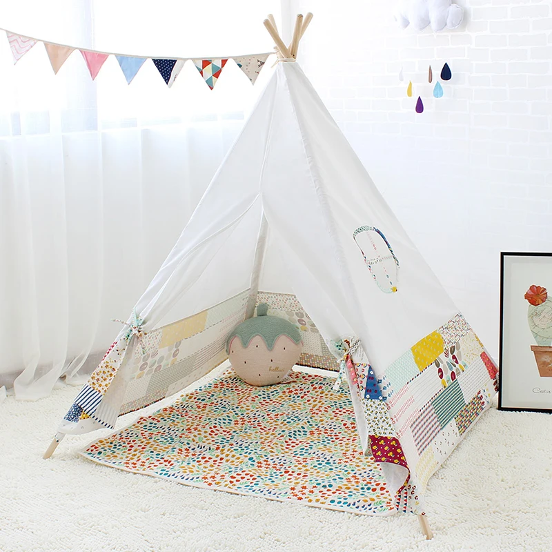 Four Poles Indian Play Tent Patchwork Children Teepees Kids Tipi Tent