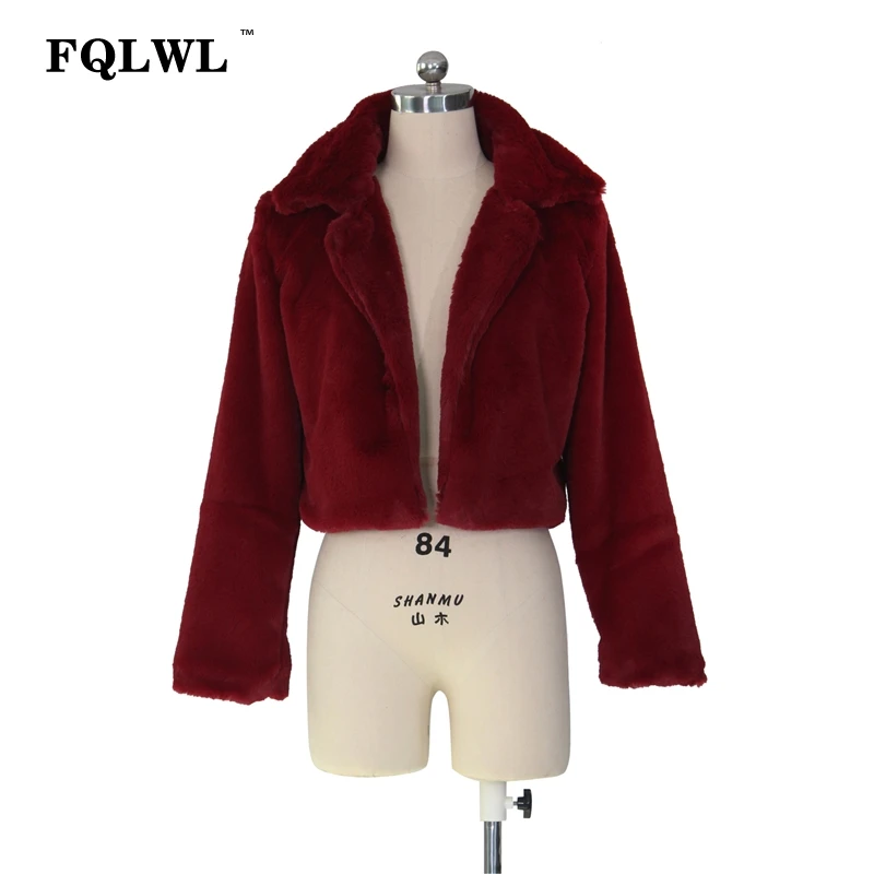 FQLWL Fluffy Faux Fur Coats Women Solid Furry Teddy Turn Down Collar Cropped Jacket Fur Female Overcoat Winter Warm Outerwear - Цвет: Бургундия