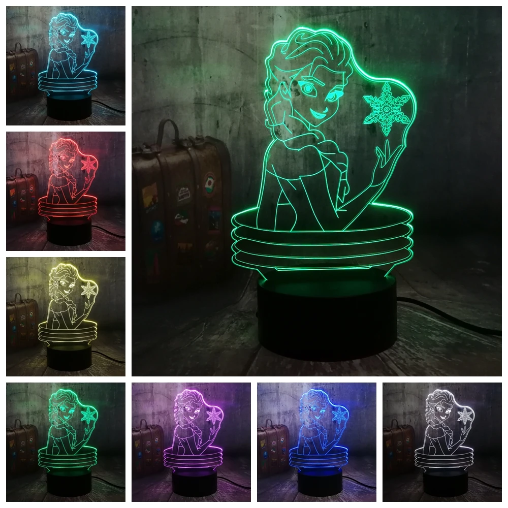  Beautiful Queen Elsa 3D Visual Lamp Illusion Desk LED Night Light Snow Elsa Toys Home Decor Girl Ba - 33032019453