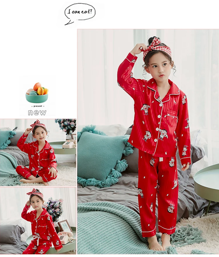 Girls Pajamas Autumn Winter Long Sleeve Children's Sleepwear Set Silk Pajamas Suit Pyjamas Sets for Kids Tracksuit Set