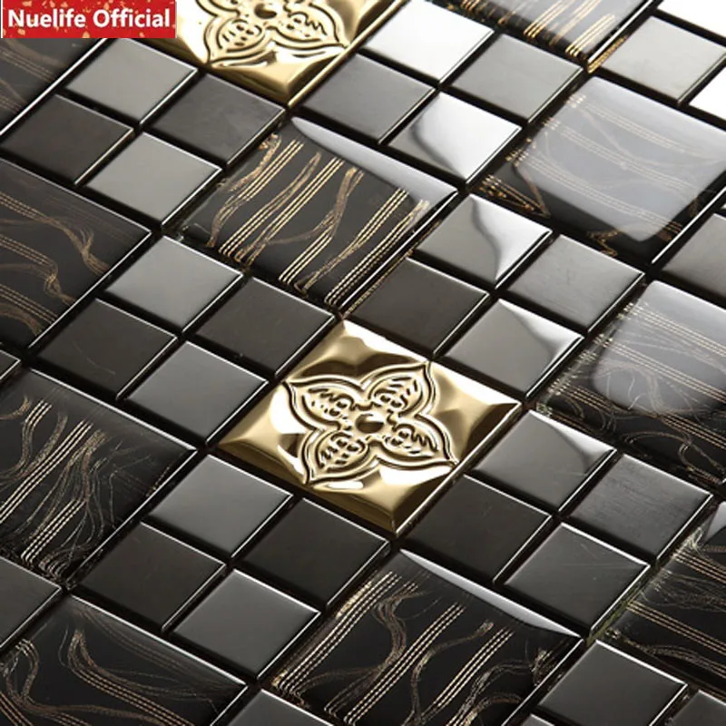 Golden Flower Mosaic 3D Wall Sticker Crystal Glass Stainless Steel Tile Living Room Bar Kitchen Bathroom Decorative Wall Sticker