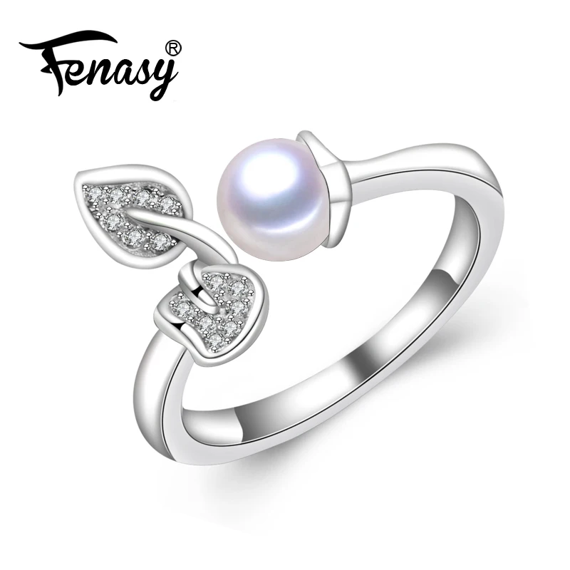 

FENASY leaf rings Pearl jewelry,rings for women,s925 sterling silver ring,semiround pearl beads Fine Jewelry with gift box