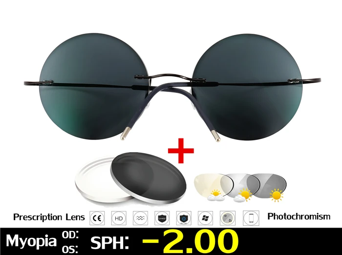 Титан очки без оправы, очки для близорукости, фотохромные очки Для мужчин Для женщин Хамелеон очки с диоптриями-1,0 1,5 2,0 2,5 3,0 - Цвет оправы: Black Myopia -2.00