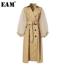 [EAM] Новинка, Весенняя свободная Длинная ветровка с отворотом, длинным пышным рукавом, с поясом, в горошек, с сеткой, модная женская куртка JH394