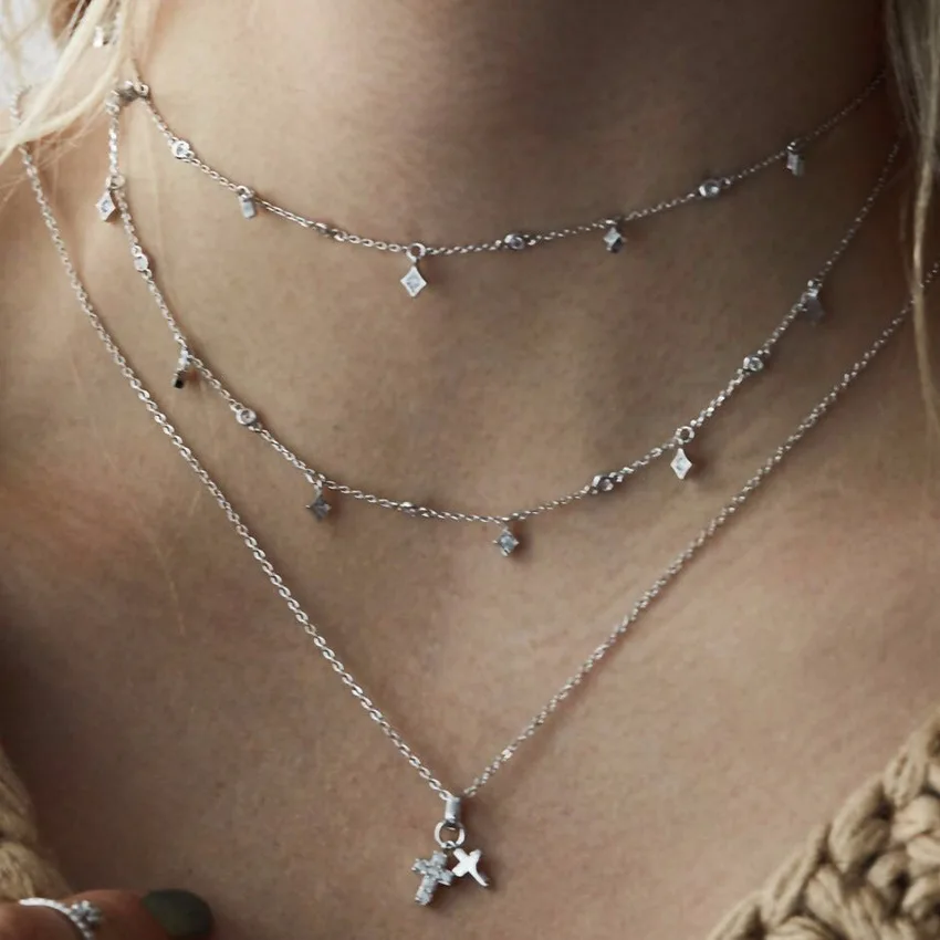 

LE SKY New Double Cross Pendant Necklace Tiny Chain Choker with Crosses Layered Necklace Female Jewelry Gift