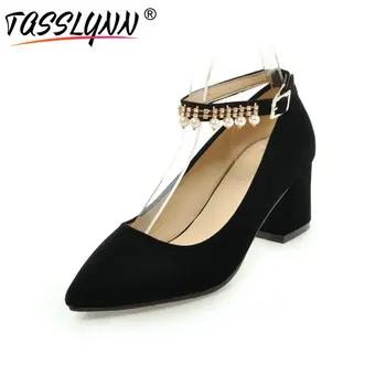 

TASSLYNN 2019 Women Pumps Casual Flock Hoof Heels Ladies Black Summer Shoes Work String Bead Pointed Toe Pumps Size 34-43