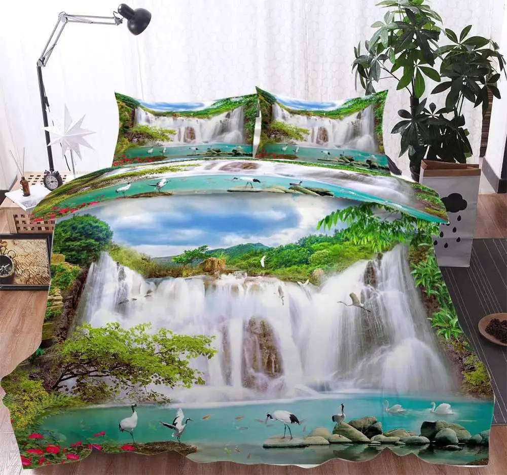 custom Landscape falls crane Bedding Duvet Cover Set Pillowcase Microfiber Soft Comforter Bedroom Single Queen King | Дом и сад