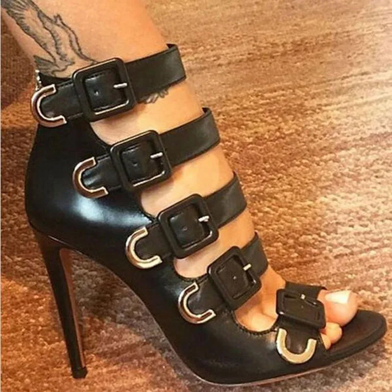 Hot Sale Spring Autumn Ankle Boots Peep Toe Buckle Decorated Punk Style High Heels botas mujer Cut-outs Botas Sexy Women Shoes