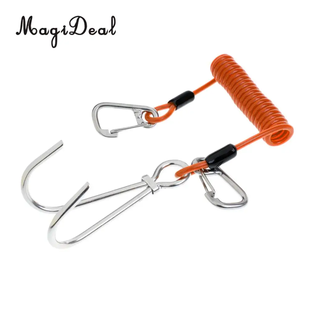 MagiDeal High Strength Scuba Diving Reef Double Hooks&Spiral Coil Lanyard+Carabiner Kit for Drift Dive Swiming Underwater Sport