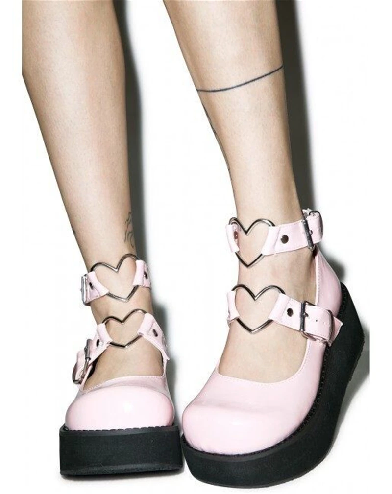 

Lolita Japanese Wedge Heel Heart Shaped Embellished Ankle Buckles Woman Shoes Cosplay