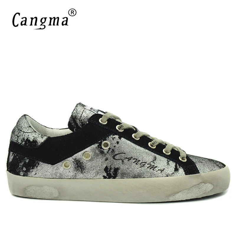 

CANGMA New Arrival Distressed Mens Silver Black Casual Shoes Genuine Leather Sneakers Retro 2017 Breathable Male Adult Footwear