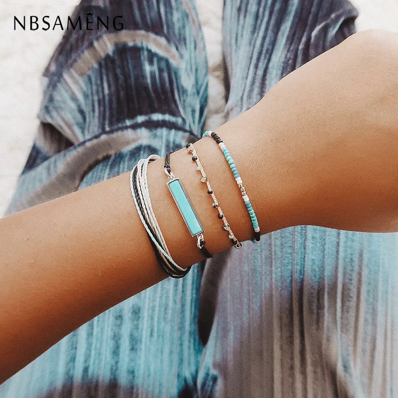 

2019 Square Bead Round Strand Bracelet Chain Bohemian Handmade 4 Chain Alloy Rope Bangles For Women Accessories Fashion Jewelry