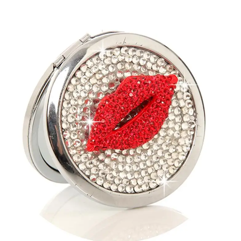 10 Pcs/Lot Diamond Red Lips Rhinestone Make Up Mirror Stainless Steel