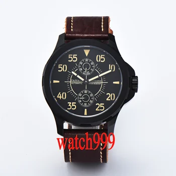 

44mm Parnis Sapphire Crystal Black Dial Power Reserve Automatic Men's Watch Leather Strap Waterproof Mechanical Watch