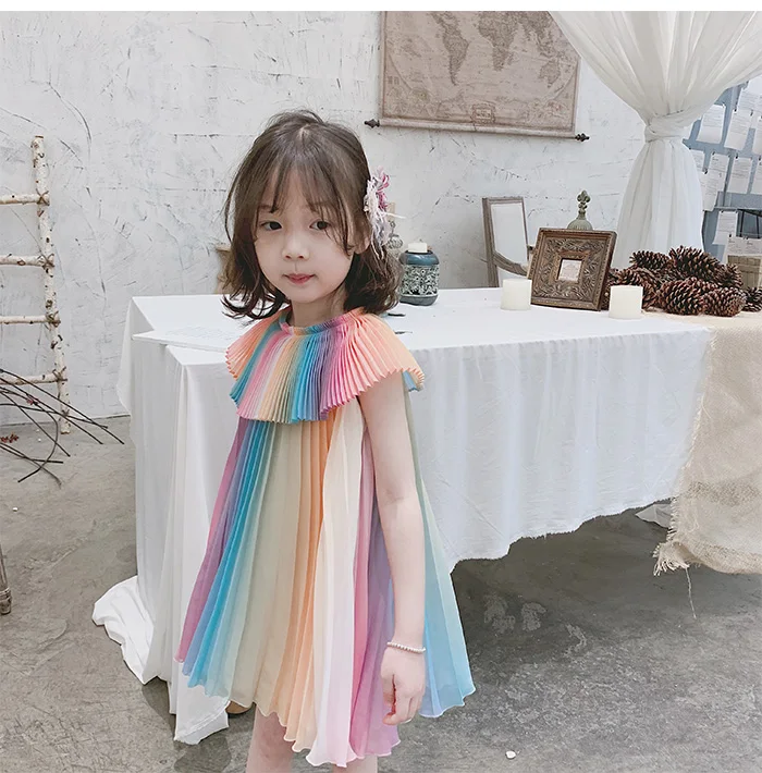 Одежда в летнем стиле радуги для маленьких девочек плиссированные платья шифоновые вечерние платья Одежда для девочек милые хлопковые горничной детское платье