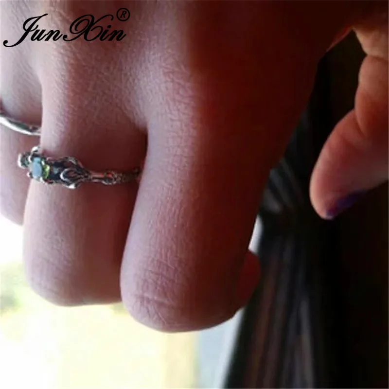 JUNXIN Antique 925 Silver Mermaid Rings For Women Round Aqua Blue Zircon Shell Pearl Beads Ring Female Birthstone Wedding Bands