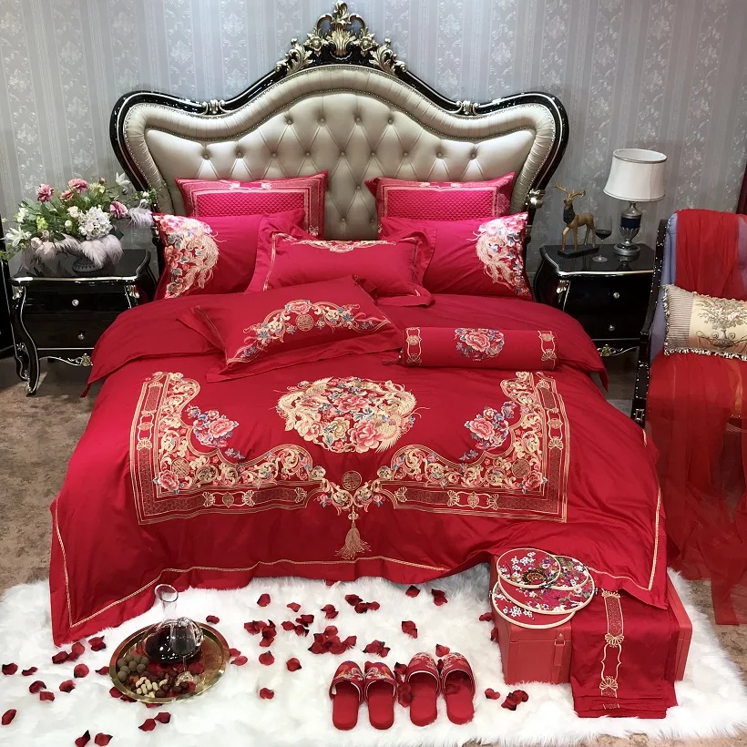 Waliicorners Egyptian Cotton Luxury Embroidery Red Wedding Bedding set Duvet cover Bed Sheets,Silky Ultra soft Queen King size 4/6/9- 31 IMG_1173
