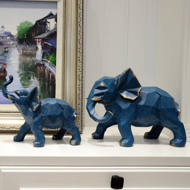 

European Elephant Sculpture Lucky Feng Shui Elephant Statue Home Decoration Crafts Blue Geometric Animals Figurines Gift 05538