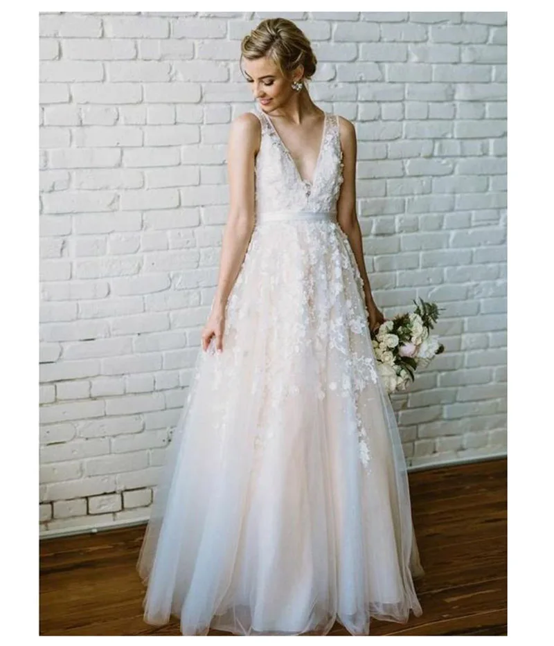

SOD Wedding Dress 2019 White Ivory Spaghetti Straps Flowers Appliques Sexy Bride Dress Backless Vestido De Novia Playa Gowns