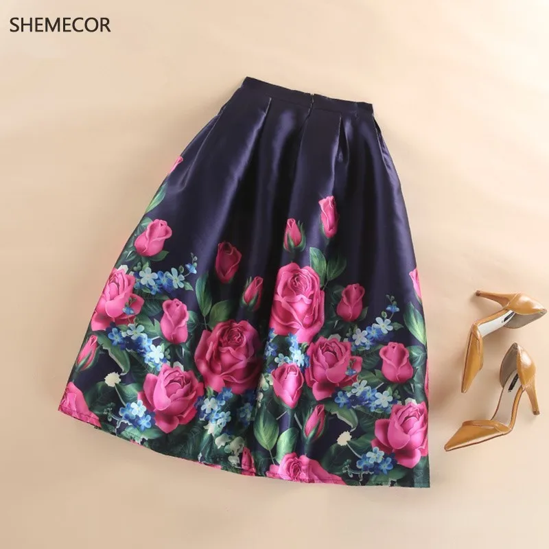 SHEMECOR осень зима 1950s Хепберн ретро винтажный стиль черные чернила цветок цветочный принт Высокая талия плиссированные качели Миди юбка - Цвет: 16