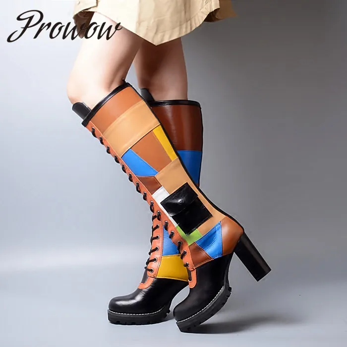 

Prowow Genuine Leather Mixed Color Gladiator Lace Up Women Autumn Winter Boots Round Toe Chunky Heel Knee HIgh Women Boots Shoes